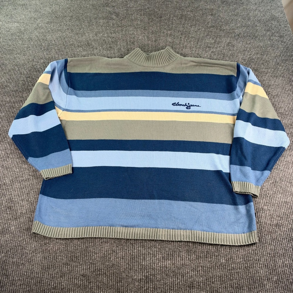 Clench Jeans Sweater Men 4XL Blue Beige Thick Stripe Mock Embroidered 90s Knit